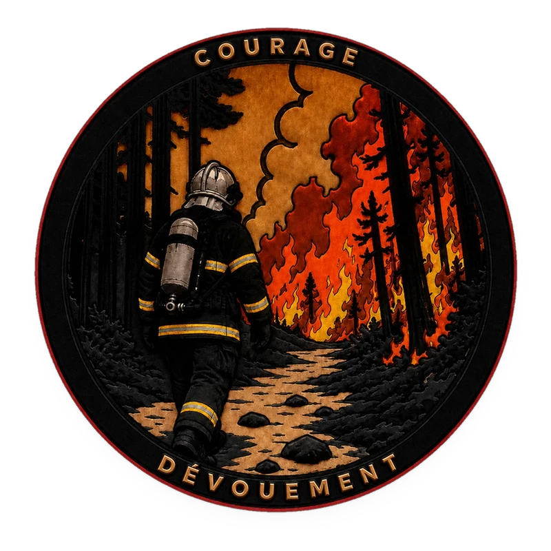 Patch Courage et Dévouement : un sapeur-pompier de dos face à un incendie de forêt