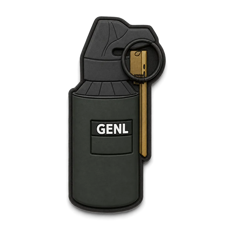 Patch cut to the shape of a dark green grenade with its lever and ring, inscription “GENL”.