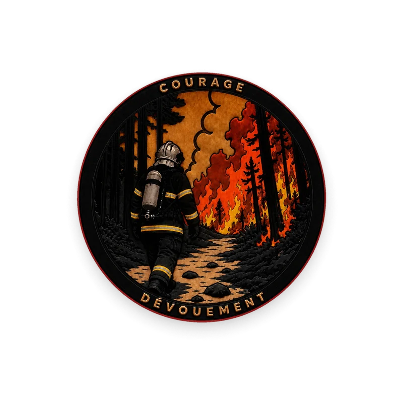 Écusson rond : un sapeur-pompier de dos avance sur un chemin de forêt en flammes, encadré par les mots COURAGE et DÉVOUEMENT.