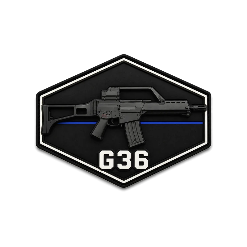 Black hexagon with a double border: the silhouette of a rifle resting on a thin blue line, inscription “G36”.