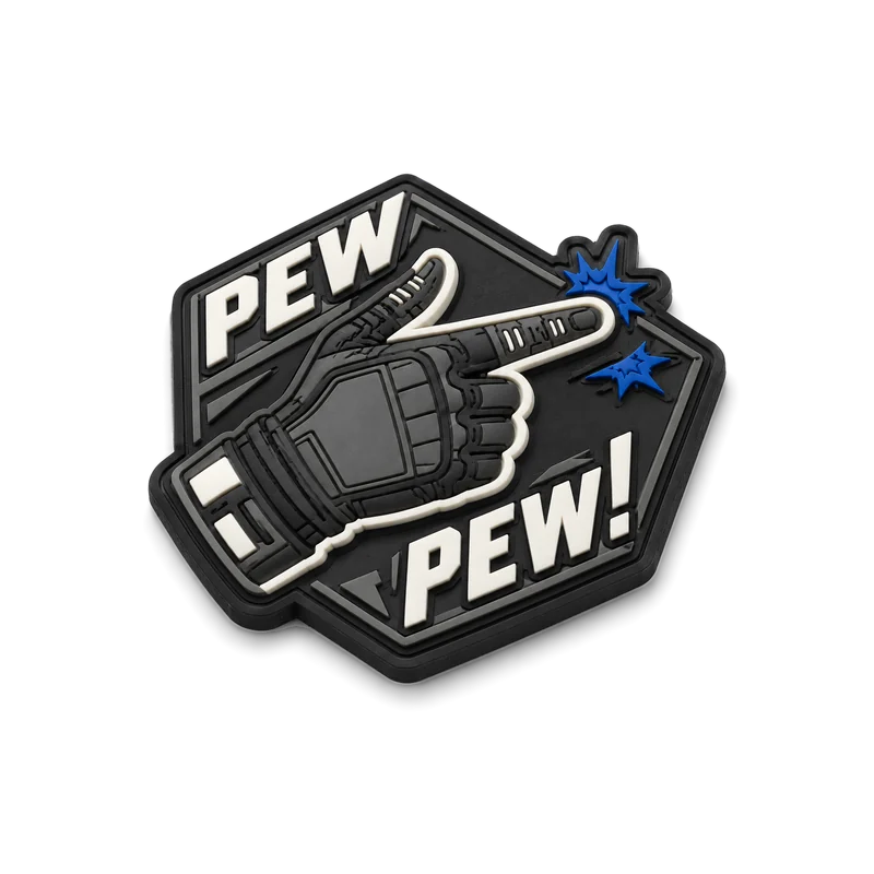 Forme hexagonale noire : une main gantée mime un pistolet, avec les inscriptions PEW et PEW! et deux éclats bleus.
