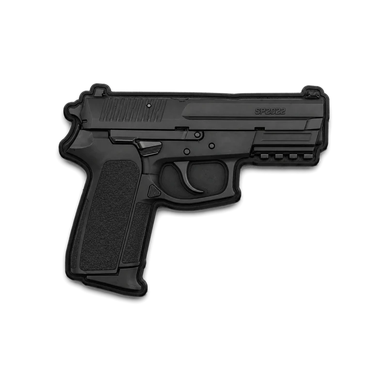 Patch cut to the shape of a black pistol, seen in profile.