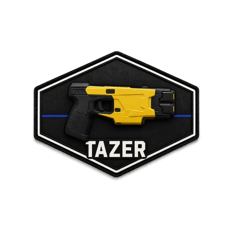 Black hexagon with a double border: a yellow and black stun gun on a thin blue line, inscription “TAZER”.